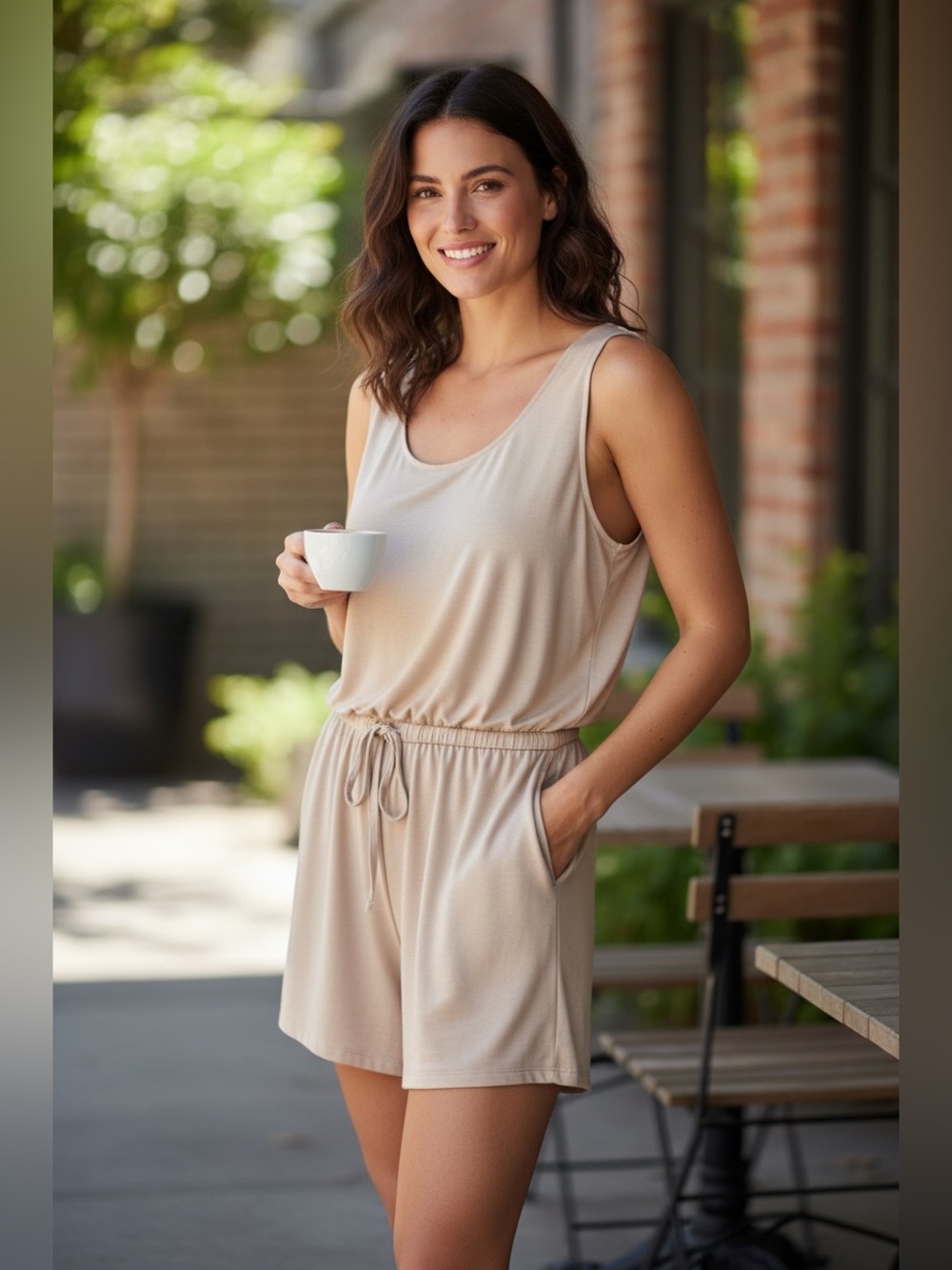 Zenana Outfitters Sleeveless Scoop Romper in Beige